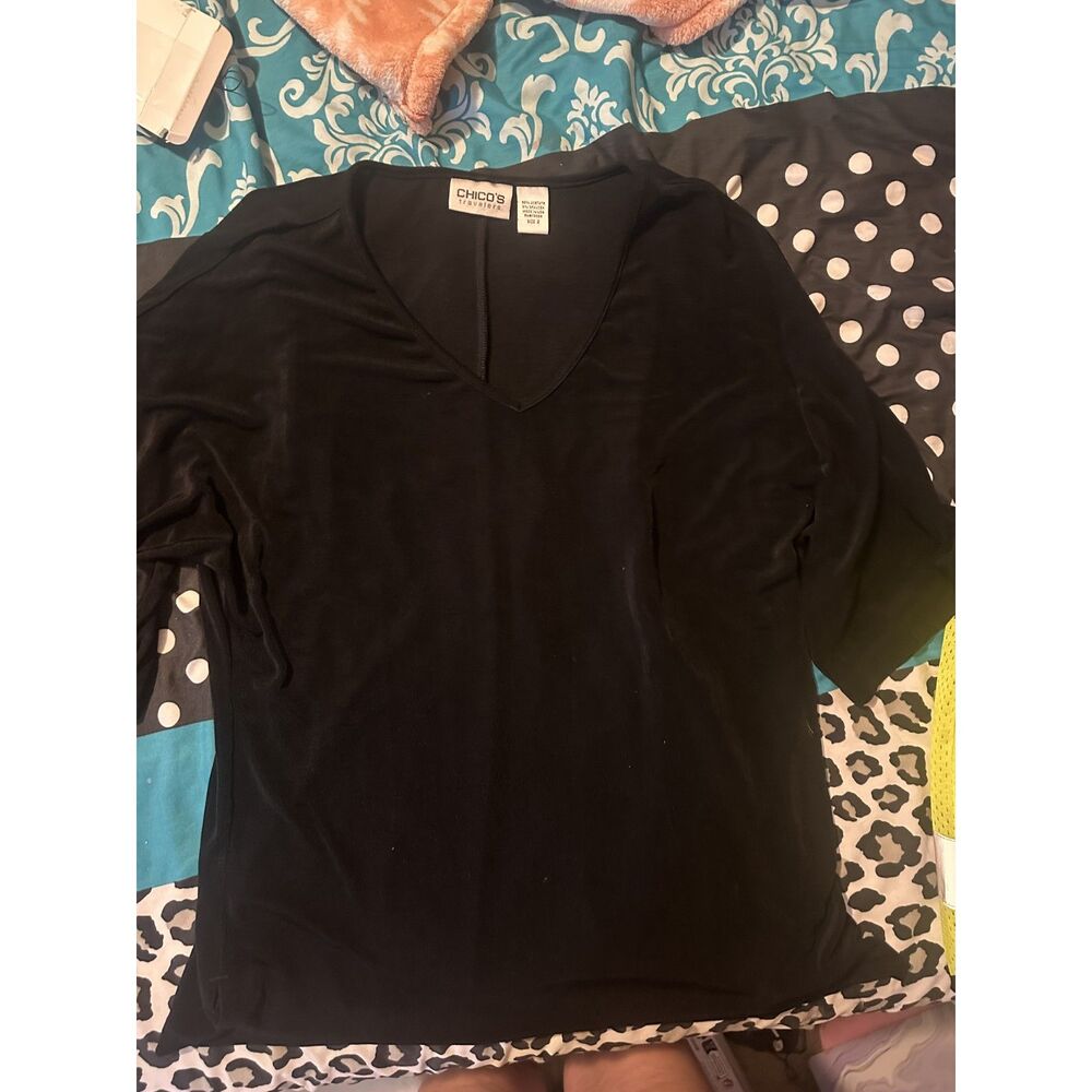 Chico's Travelers Black Slinky Knit Blouse Top Size 2 US Large 12 Travel
